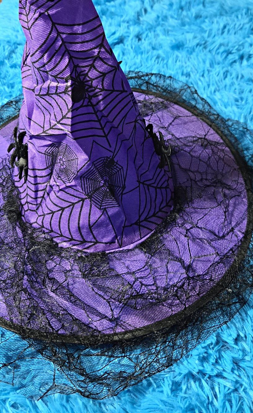 Halloween Witch Hat Purple/Black Spiderweb Pattern w/ Black Tulle, One Size
